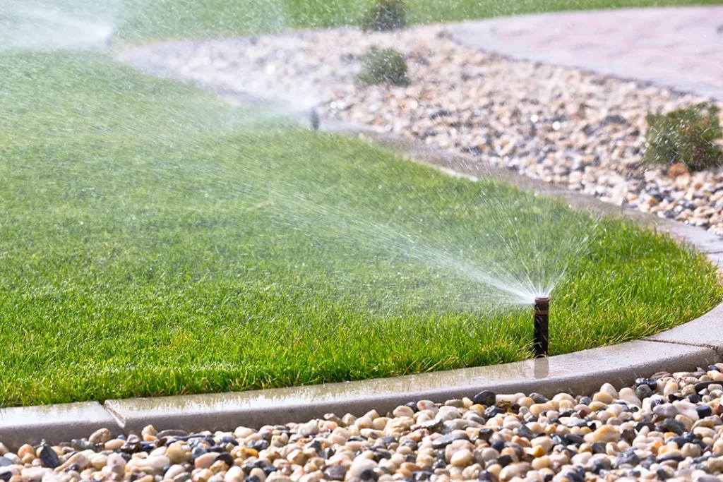 Close-up of a lawn sprinkler spraying water across bright green grass beside a curb and decorative rocks.